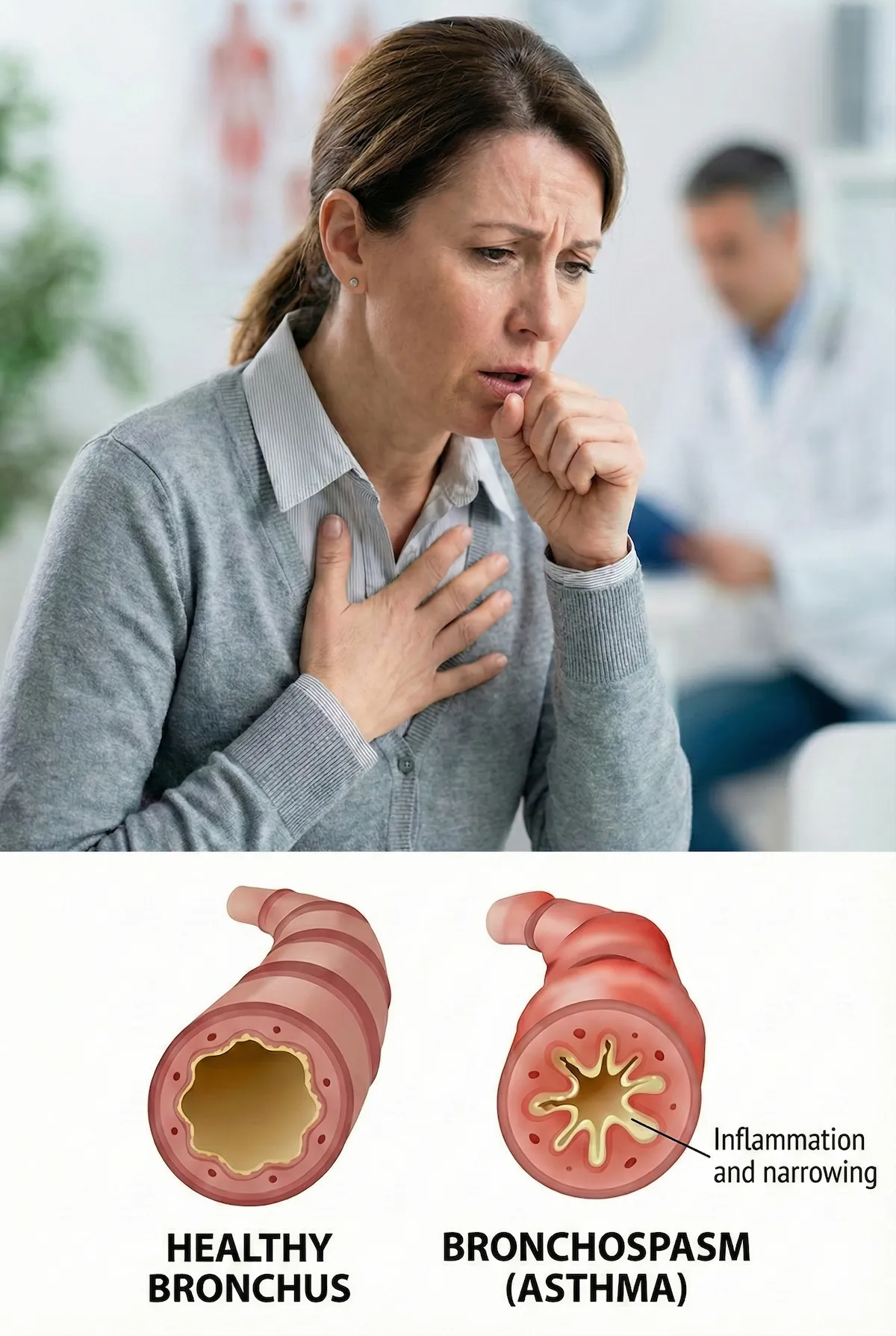 Allergy specialist Dr. Tito Rodriguez Bouza conducting an online video consultation with an asthma patient using an inhaler in a premium setting