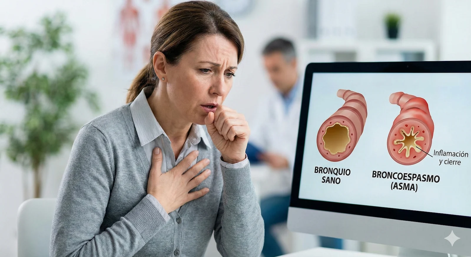 Dr. Tito Rodríguez Bouza, allergy specialist, attending a patient with asthma using an inhaler via video consultation in a premium setting.