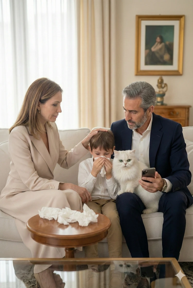 Familia sentada en un sofá en el salón, donde el hijo pequeño se suena la nariz con pañuelos debido a síntomas de alergia respiratoria. Un gato persa blanco, potencial desencadenante de asma, está sentado en el regazo del padre junto al niño.